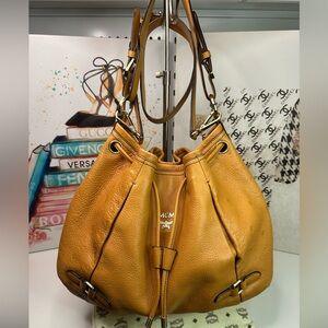 MCM leather logo drawstring bucket bag